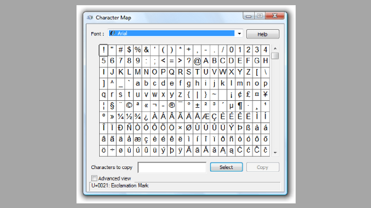 Table-of-Symbols-in-charmap